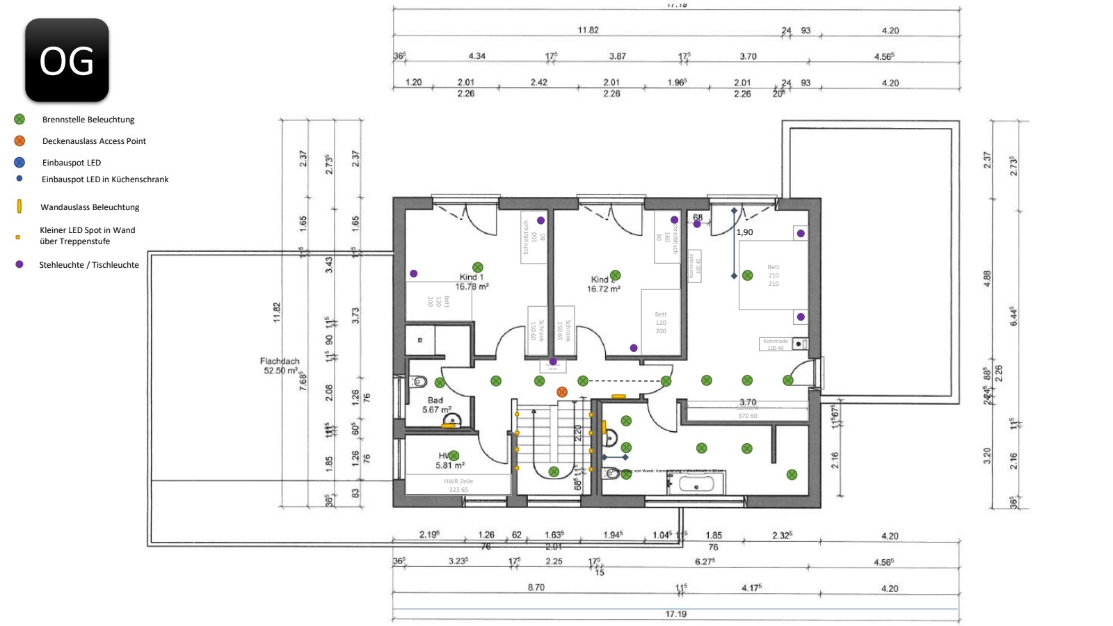 Grundriss Obergeschoss: zwei Kinderzimmer, Bad, Flur, Küche, Treppe; Beleuchtungs- und Steckdosenpunkte