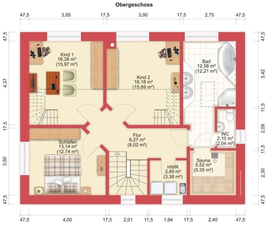2D-Obergeschoss Grundriss eines Hauses mit Schlafzimmer, Kinderzimmer, Flur, Bad und Sauna