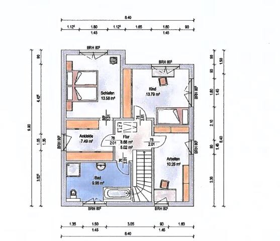 Grundriss eines Hauses mit Schlafen, Kind, Arbeiten, Bad, Flur und Ankleide.
