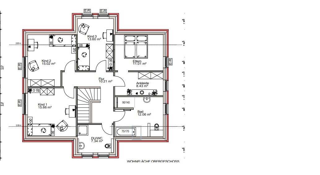 Grundriss Obergeschoss: Eltern-Schlafzimmer mit Ankleide, 3 Kinderzimmer, Bad, DU/WC, Treppenhaus.