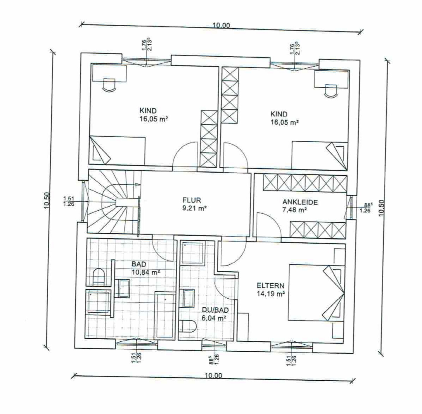 Dachgeschoss-Grundriss: zwei KIND-Zimmer, ELTERN-Schlafzimmer, Ankleide, Flur, Bad, Du/Bad.