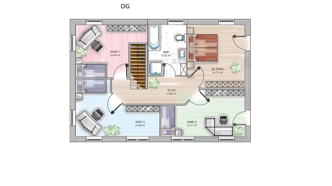 Obergeschoss-Grundriss: Flur, Treppe, Bad, Elternzimmer und drei Kinderzimmer.