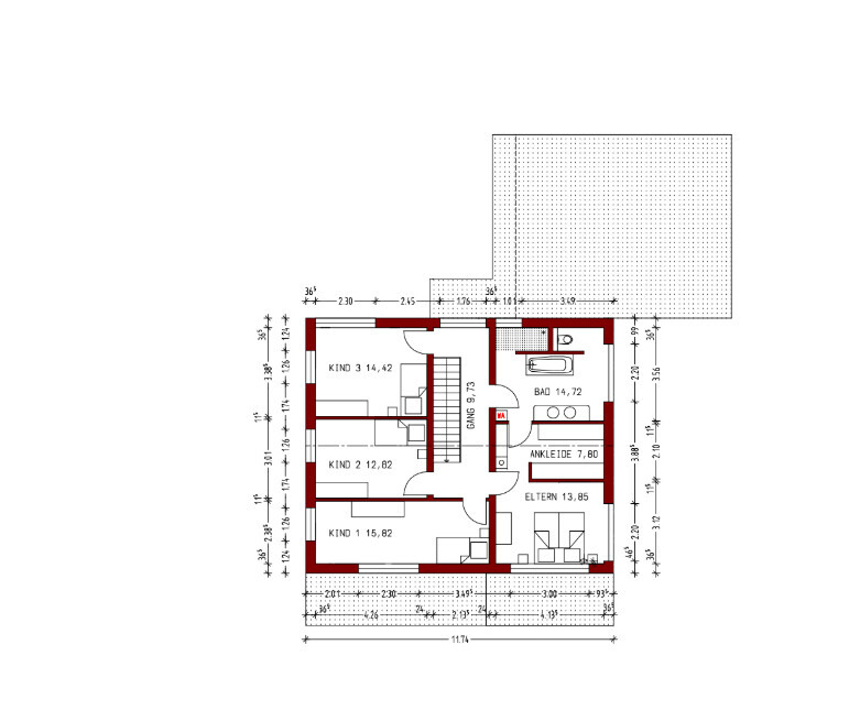 Grundriss des Obergeschosses mit drei Kinderzimmern, Elternzimmer, Bad, Ankleide und Flur.
