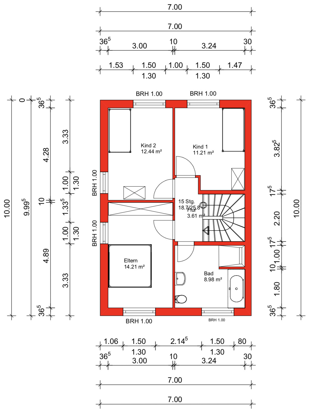 Obergeschoss-Plan: Eltern- und zwei Kinderzimmer, Bad, Flur, Treppe; rote Außenwände.