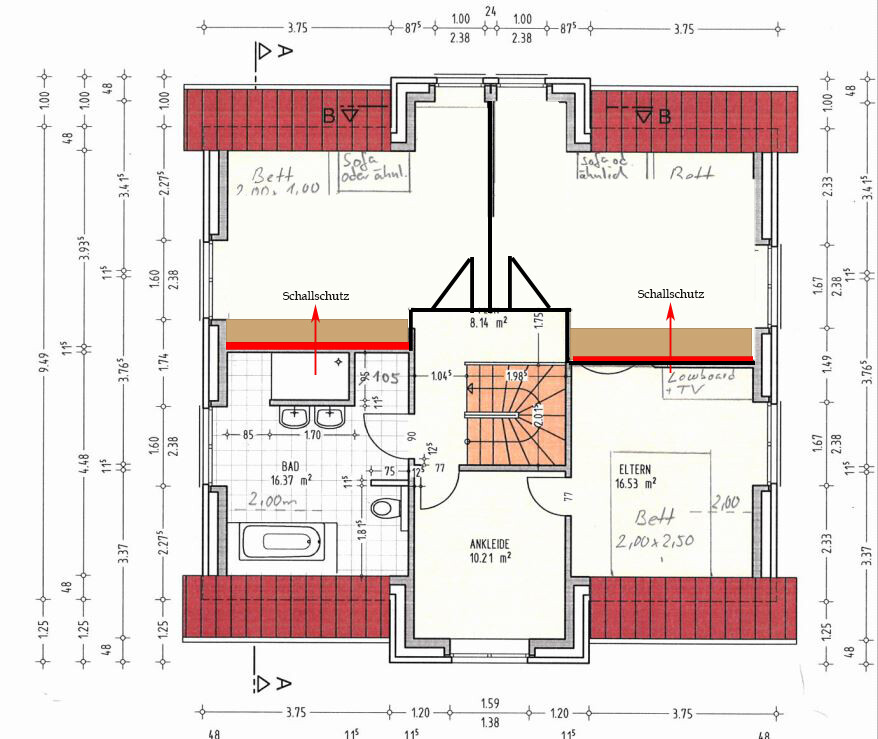 Grundriss eines Obergeschosses: Elternschlafzimmer, Ankleide, Bad, Treppenhaus, Balkone, Schallschutz