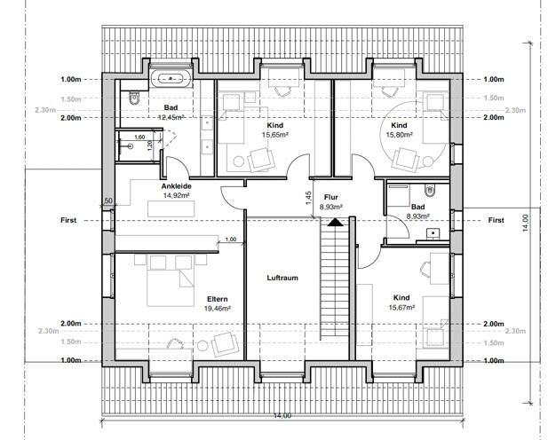 Grundriss des Obergeschosses: Eltern, drei Kinderzimmer, Ankleide, zwei Bäder, Flur, Luftraum.
