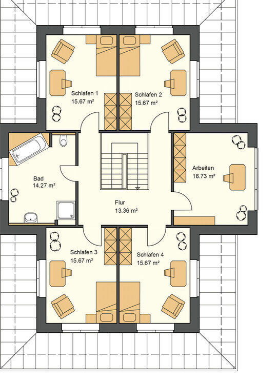 Grundriss Dachgeschoss: 4 Schlafzimmer, Arbeitszimmer, Bad, Flur, zentrale Treppe.