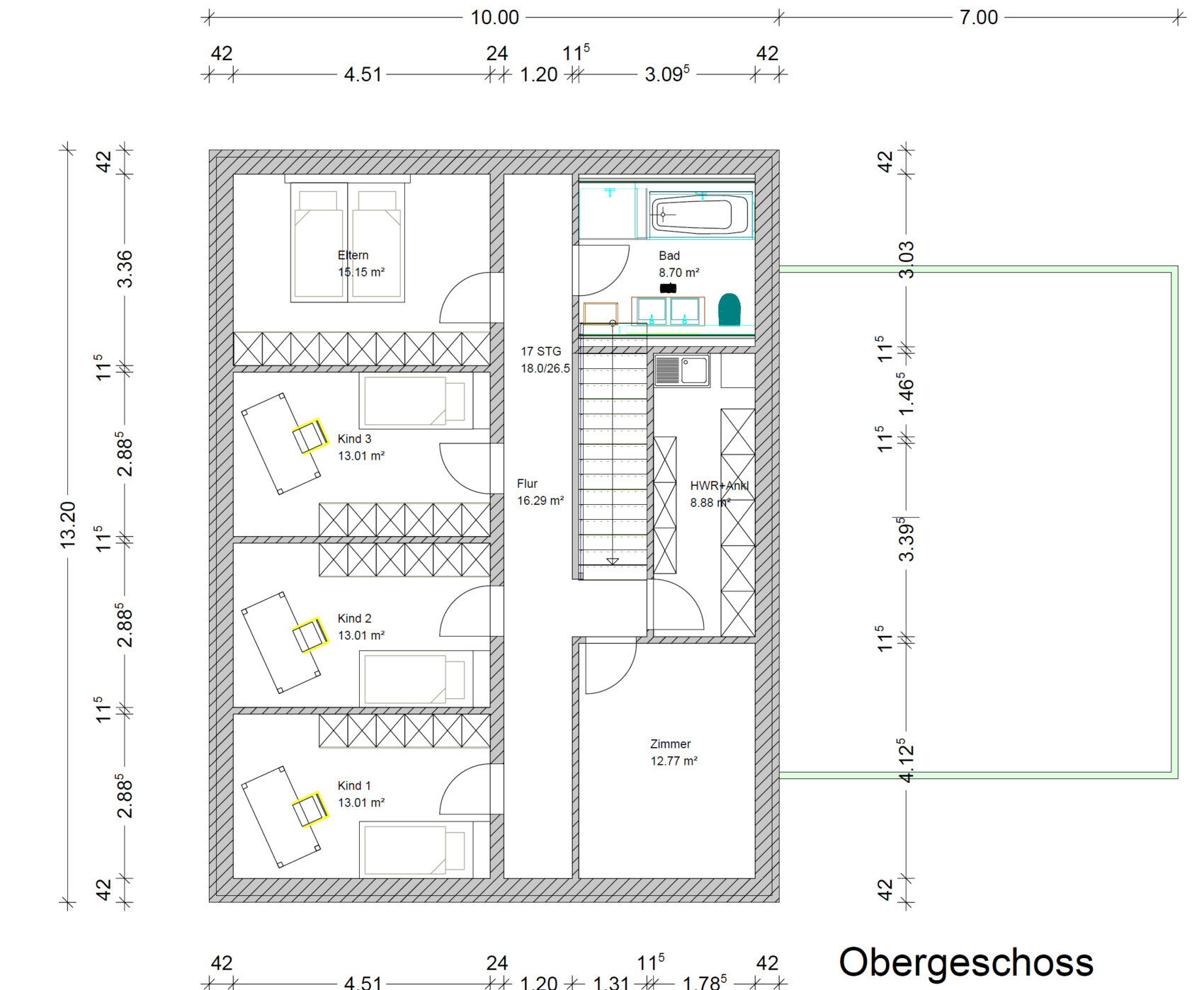 Grundriss des Obergeschosses: Flur, Elternzimmer, drei Kinderzimmer, Bad, HWR, Treppenaufgang.