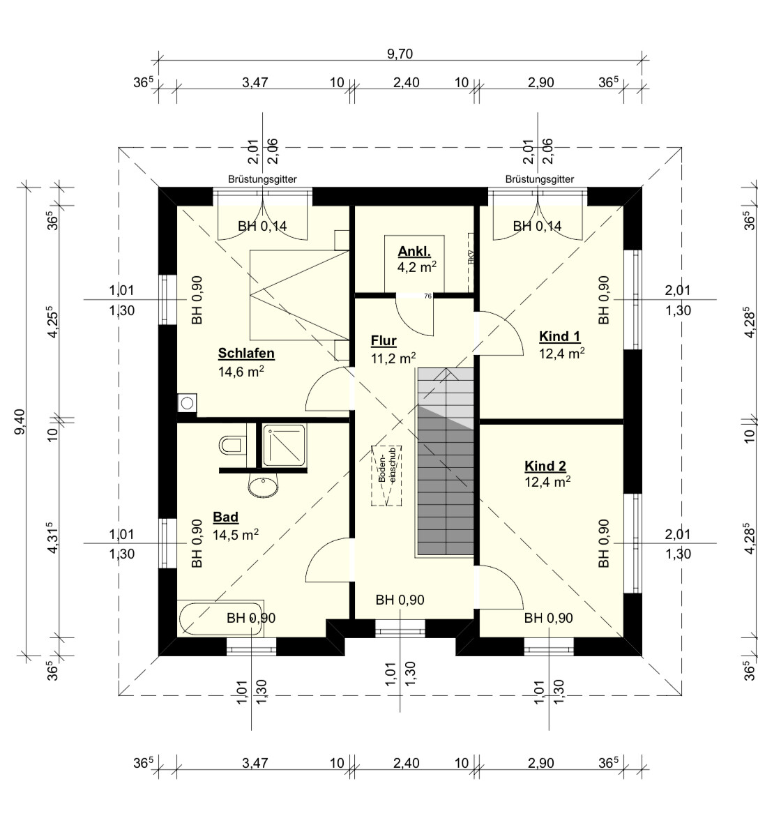 Grundriss Obergeschoss: Schlafzimmer, Bad, Flur, Ankleide, Kind 1, Kind 2, Treppenhaus.