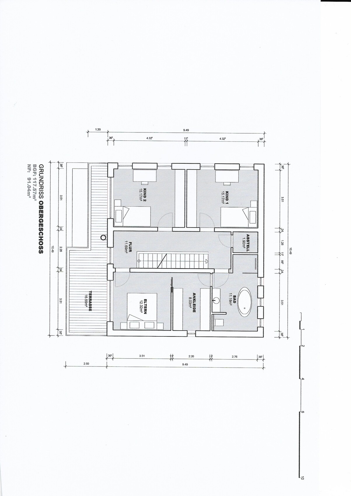 Obergeschoss: Eltern-Schlafzimmer, zwei Kinderzimmer, Ankleide, Bad, Flur, Abstellraum, Terrasse.