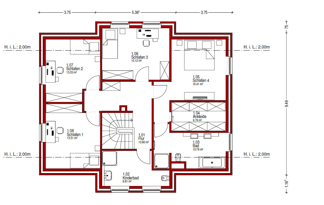 Grundriss eines Obergeschosses mit Flur, Treppenhaus, 4 Schlafzimmer, Ankleide, Bad und Kinderbad