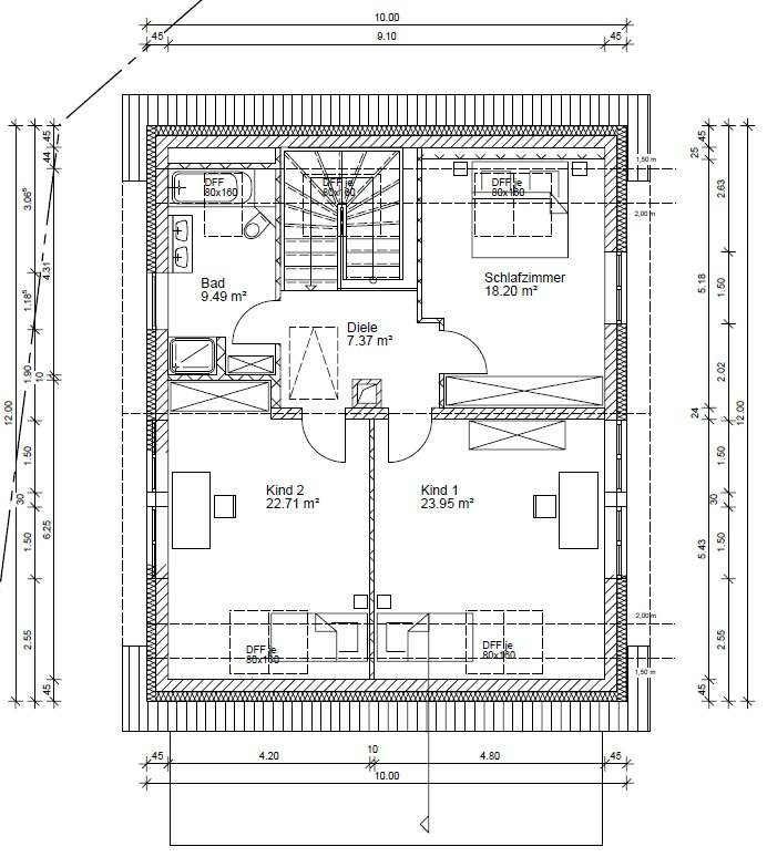 Grundriss des Obergeschosses mit Schlafzimmer, zwei Kinderzimmern, Bad und Diele.
