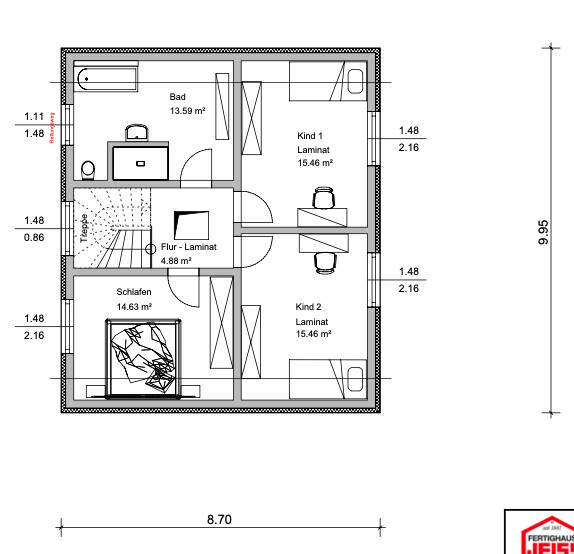 Grundriss eines Stockwerks mit Bad, Schlafen, 2 Kinderzimmer, Flur und Treppe.