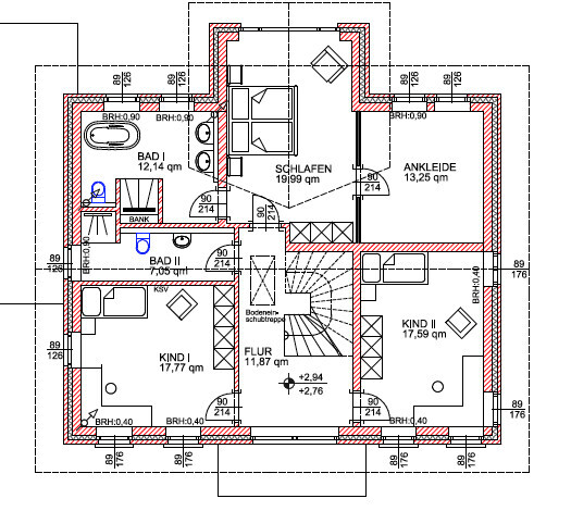 2D-Grundriss eines Obergeschosses mit Schlafzimmern, Kinderzimmern, Flur und Treppenaufgang