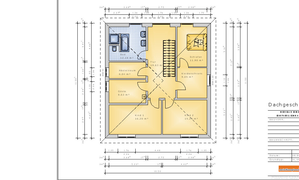 DG-Grundriss: Flur, Bad, Abstellraum, Gastzimmer, Kind 1, Kind 2, Schlafen, Kleiderschrank, Treppe.