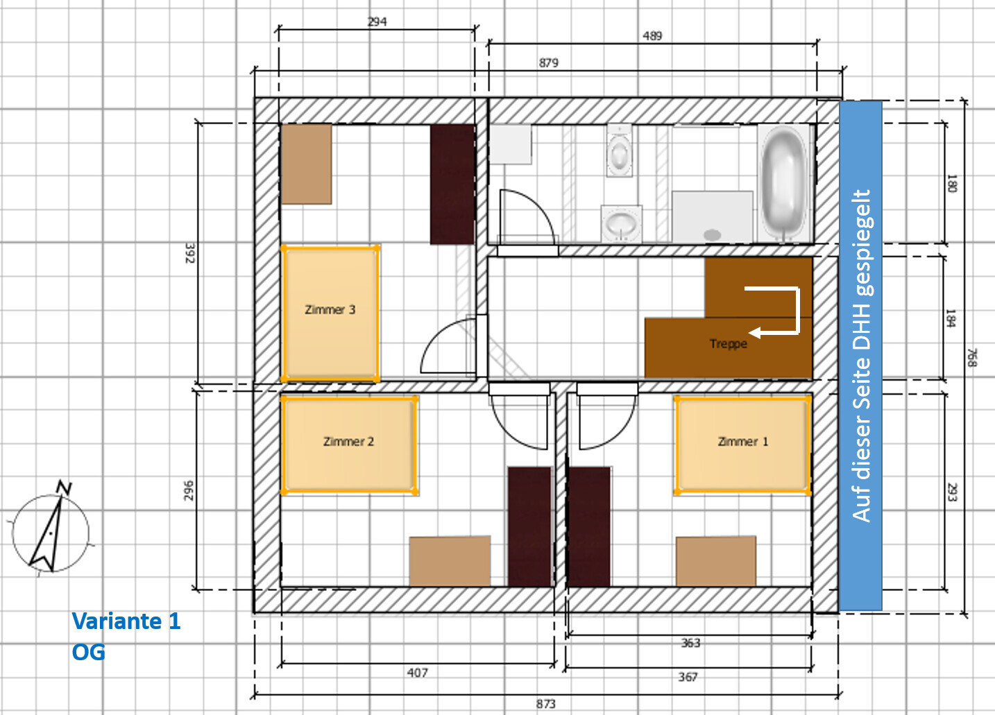 Grundriss des OG: drei Zimmer (Zimmer 1–3), Bad mit Badewanne, Treppe.