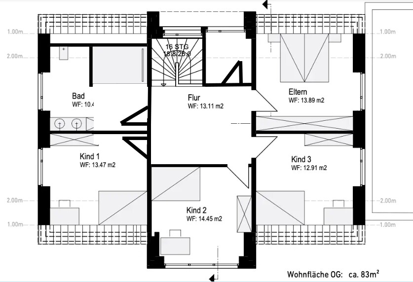 Grundriss Obergeschoss: Flur, Elternzimmer, drei Kinderzimmer und Bad.