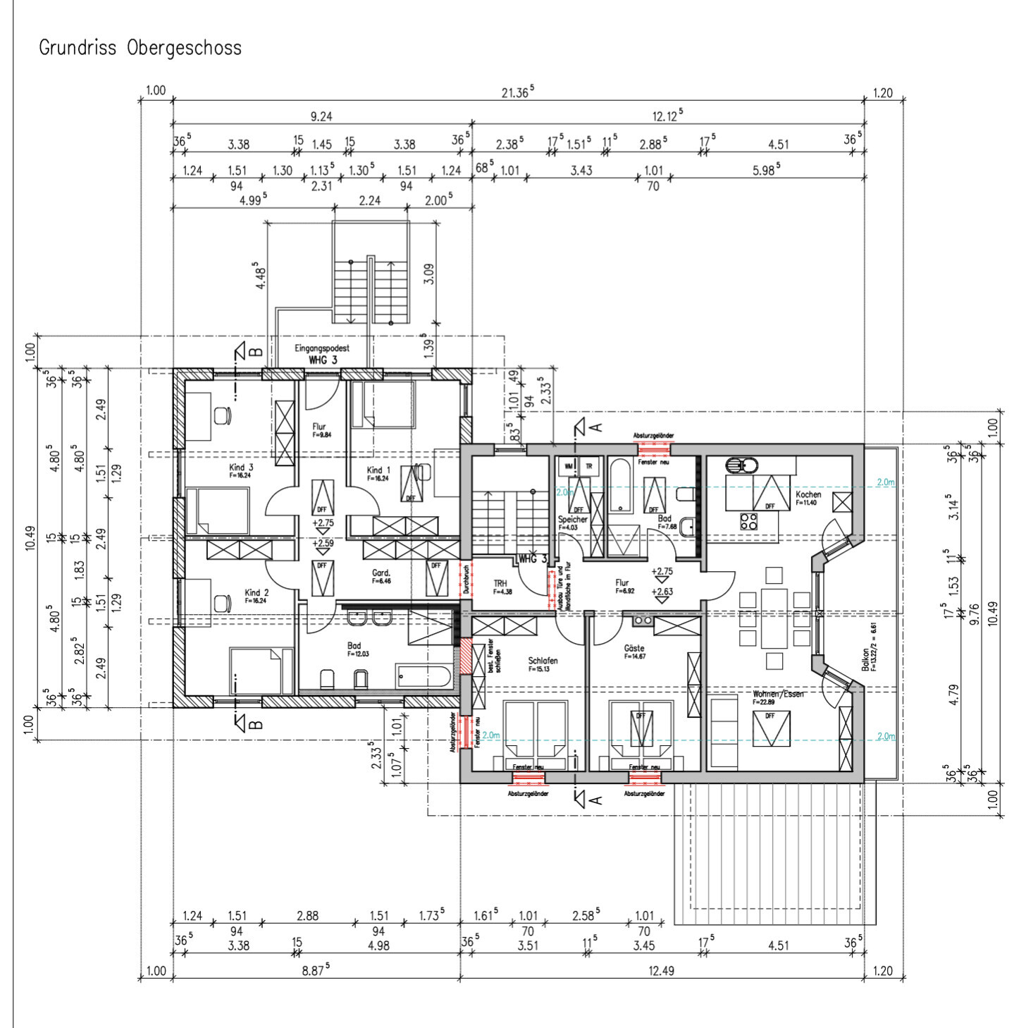 Grundriss Obergeschoss: Flur, Schlaf- und Kinderzimmer, Bad, Küche, Treppenhaus.
