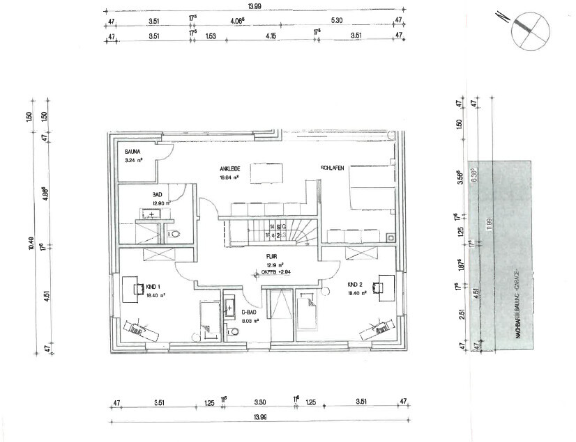 Grundriss eines Obergeschosses: Flur, Schlafen, Ankleide, Sauna, Bad, zwei Kinderzimmer.