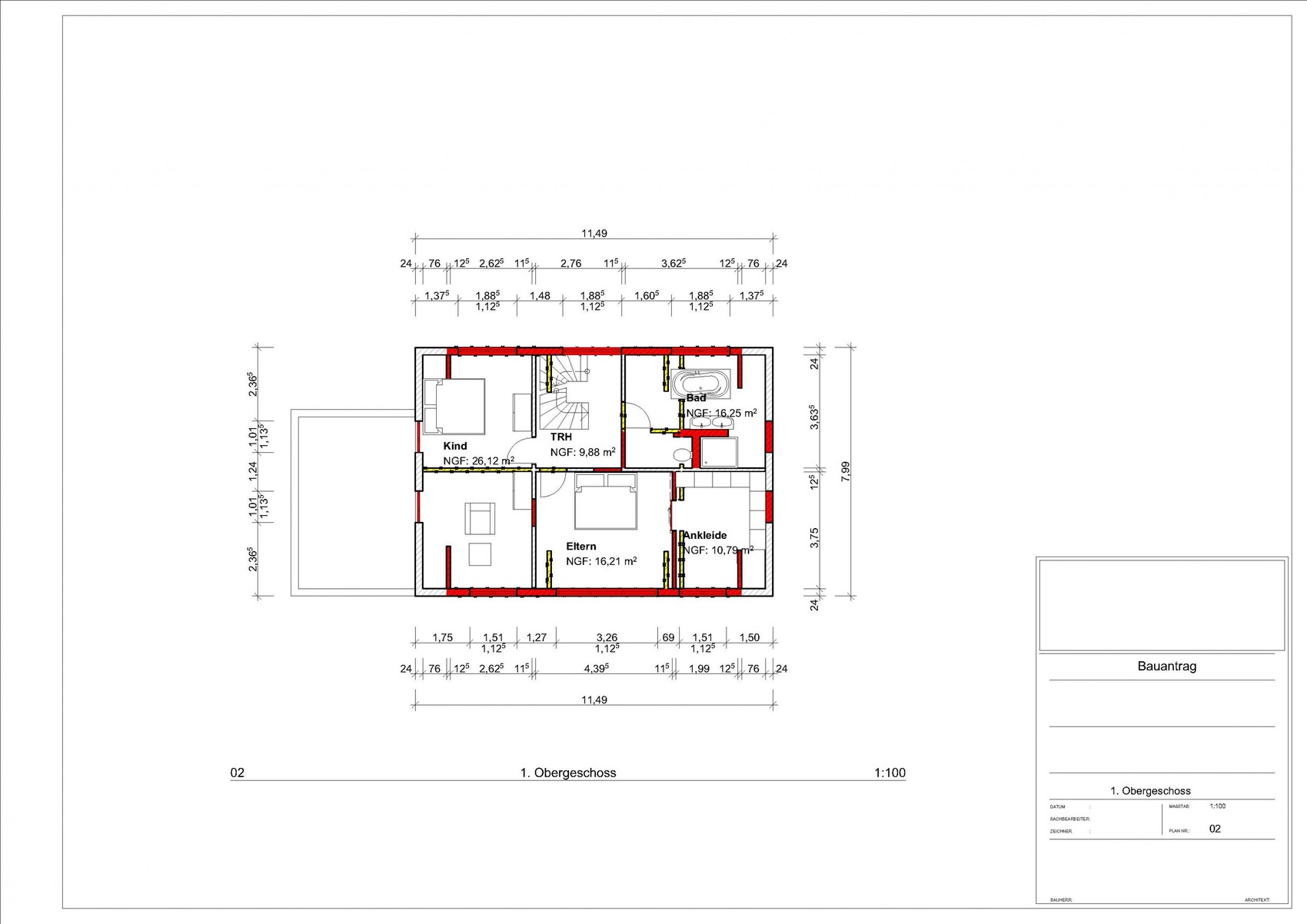 Grundriss des 1. Obergeschosses mit Eltern-, Kind-, Ankleide-, Bad und Treppenhaus.