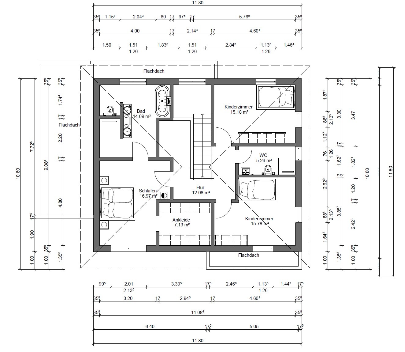 DG-Grundriss: Flur, Bad, Schlafen, Ankleide, WC, zwei Kinderzimmer, Treppenhaus.