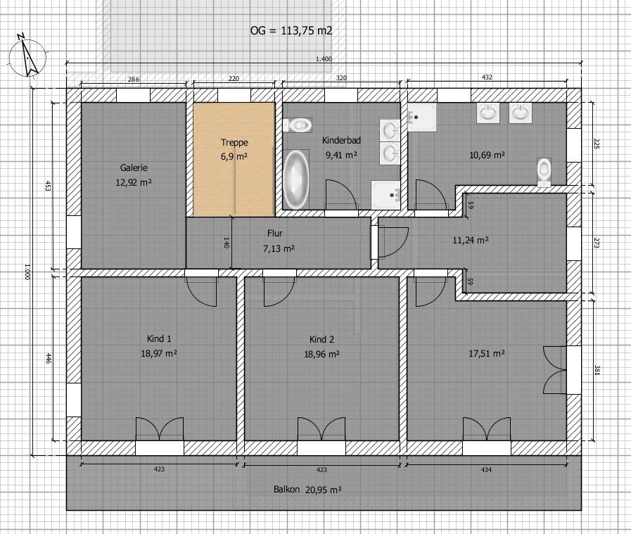 Grundriss einer Wohnung mit Balkon, Galerie, Treppe, Flur, zwei Kinderzimmern