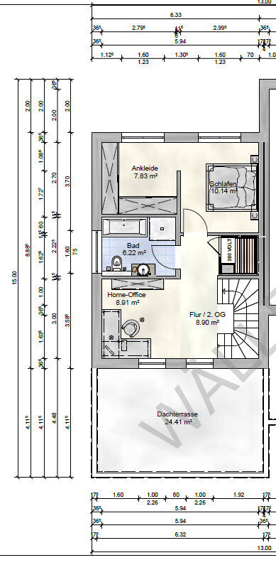 Grundriss DG: Flur, Schlafen, Ankleide, Bad, Home-Office und Dachterrasse.