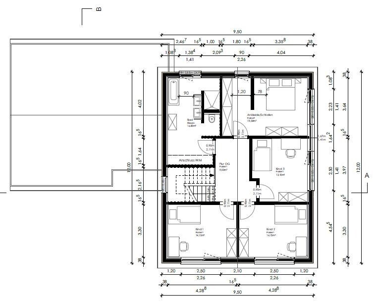 Grundriss OG eines Hauses: Treppe, Flur, Bad, Ankleide/Schlafen und drei Kinderzimmer.