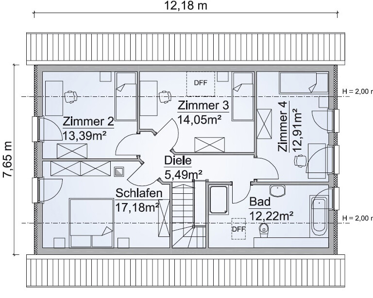 Grundriss eines Obergeschosses mit Zimmer 2, Zimmer 3, Zimmer 4, Schlafen, Diele und Bad.