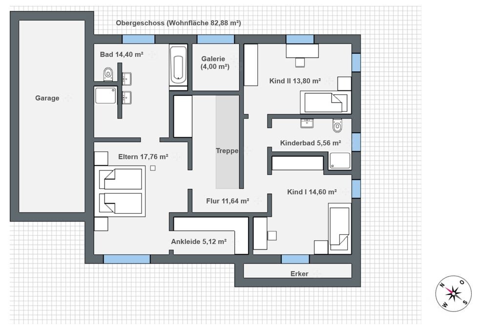 Grundriss der oberen Etage: Elternzimmer, Ankleide, zwei Kinderzimmer, Bad, Flur, Treppe, Garage.