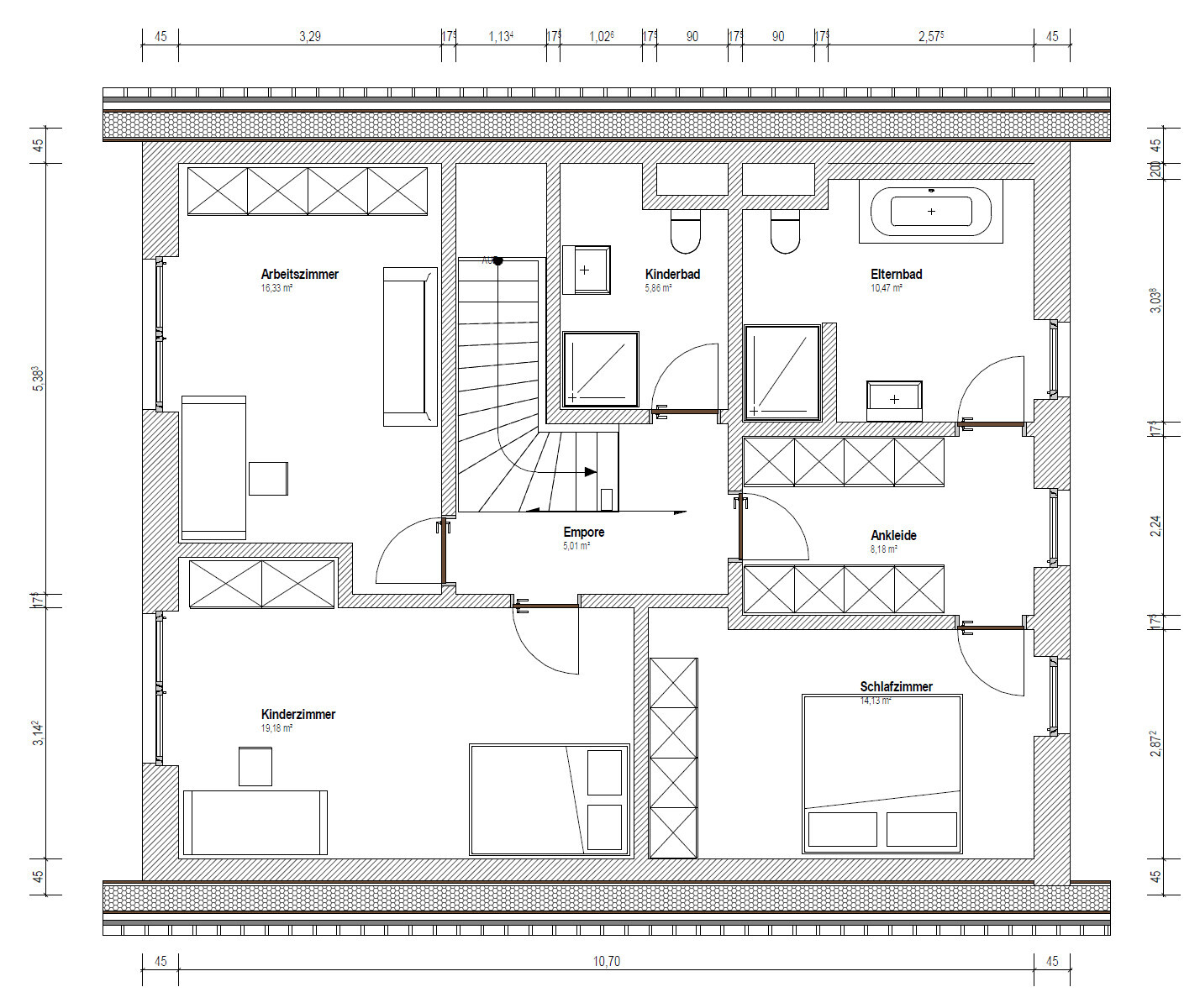 Grundriss Obergeschoss: Arbeitszimmer, Kinderzimmer, Schlafzimmer, Ankleide, Elternbad, Empore.