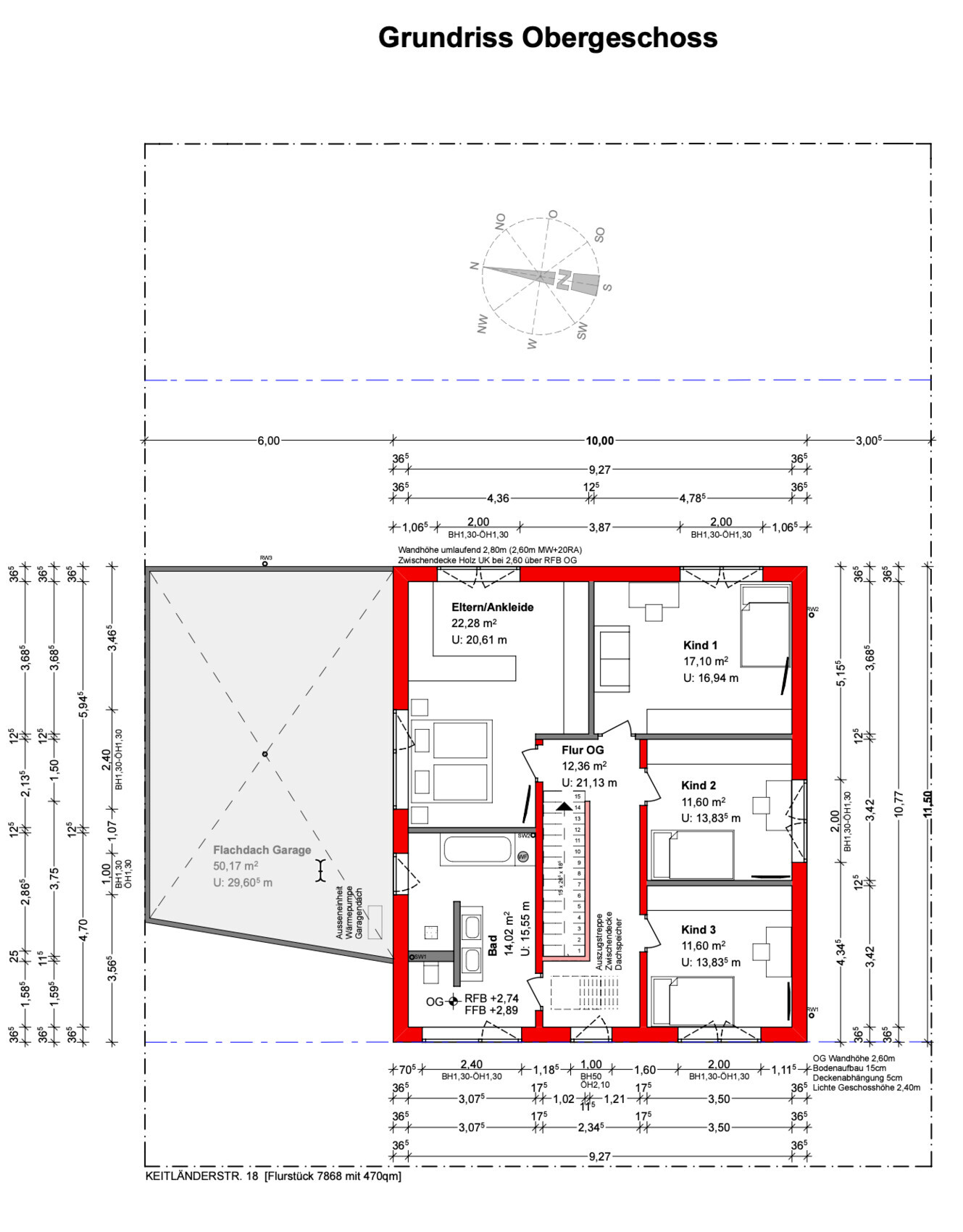 Grundriss Obergeschoss: Eltern/Ankleide, Kind 1–3, Bad, Flur; links Garage.