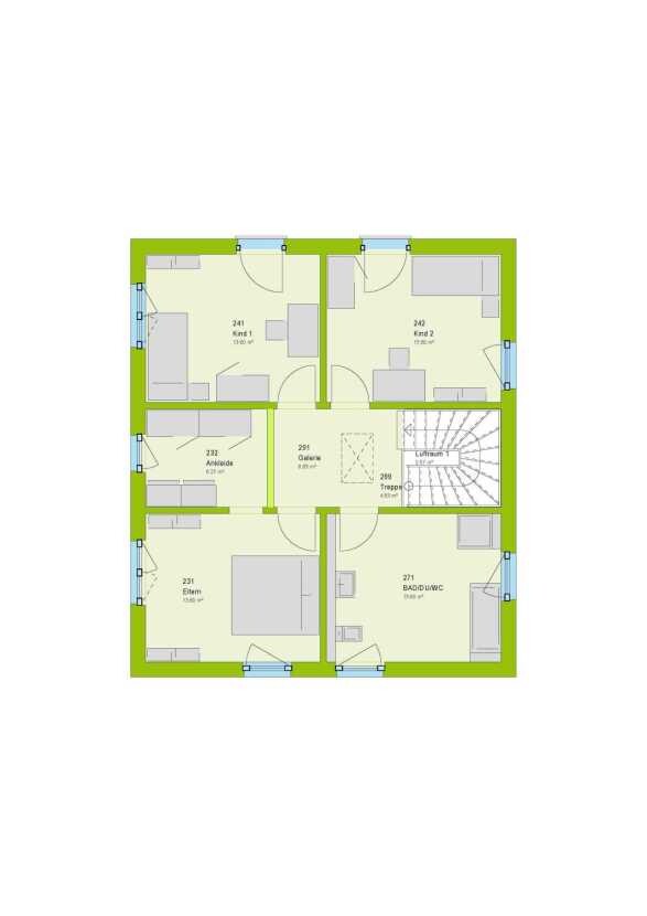 Grundriss des Obergeschosses mit Treppenhaus, Bad/WC, Ankleide, Eltern- und Kinderzimmer.
