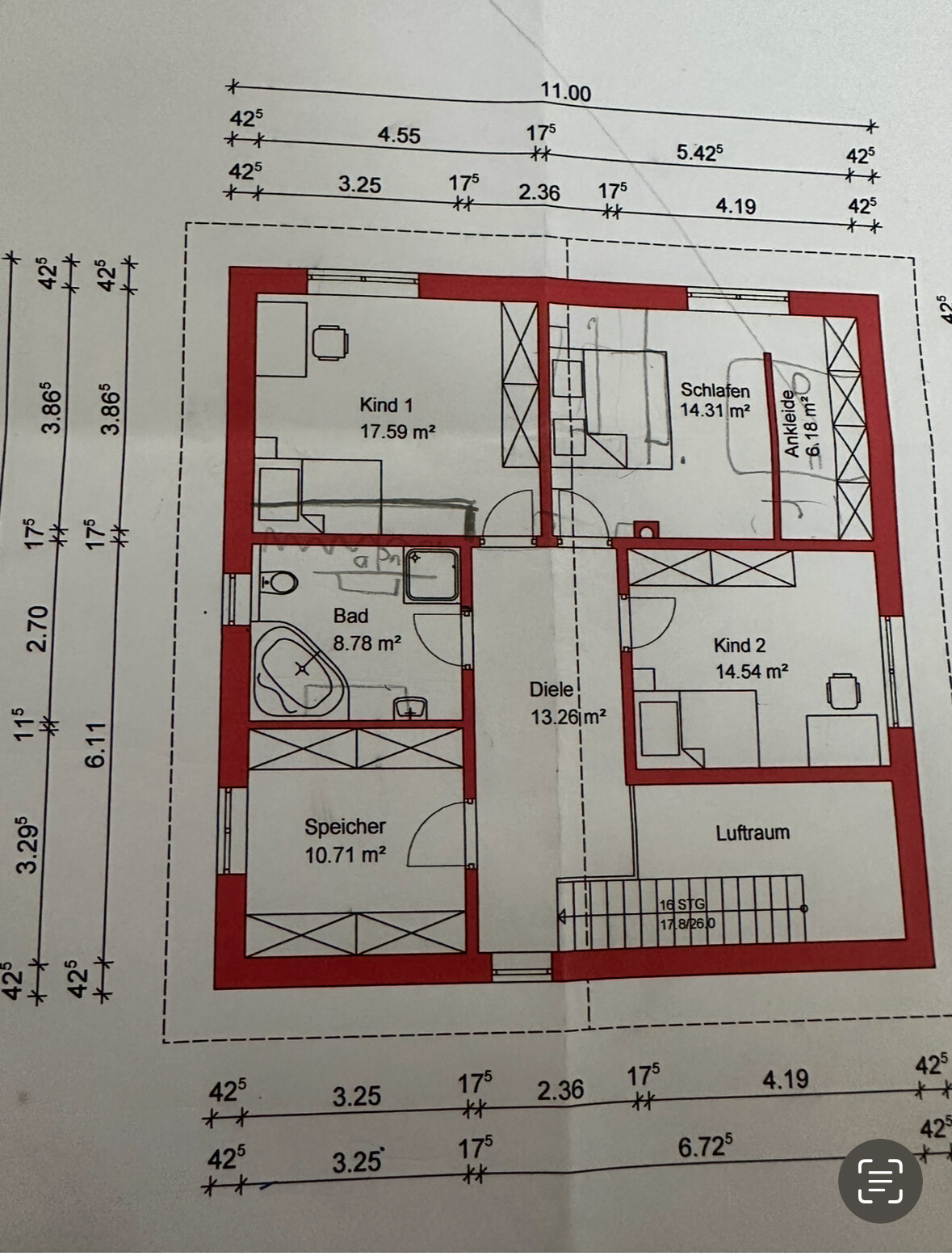 Grundriss eines Obergeschosses mit Schlafzimmern, Kinderzimmern, Diele und Bad
