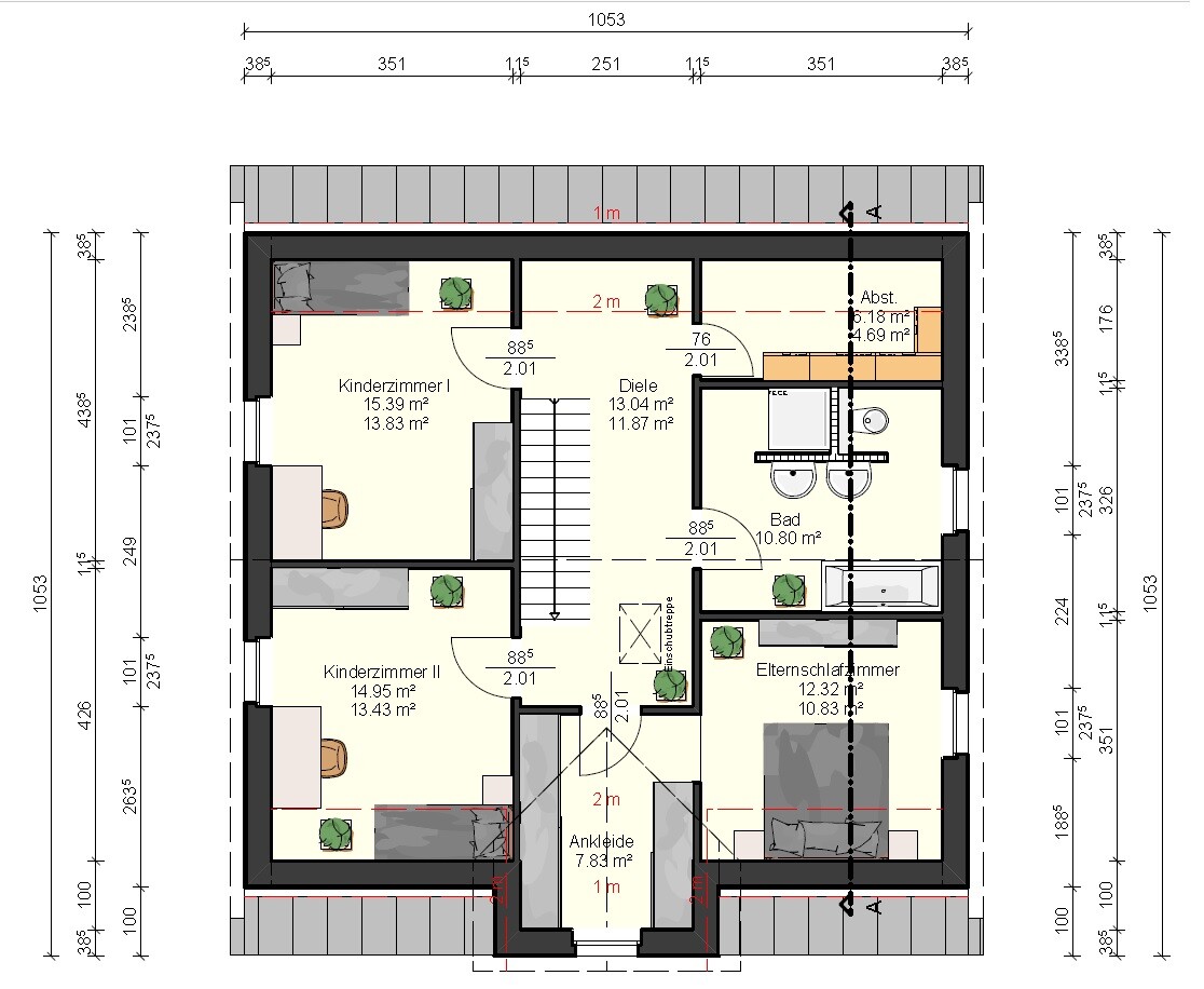 Grundriss-Obergeschoss eines Hauses mit Schlafzimmern, Kinderzimmern und Bad