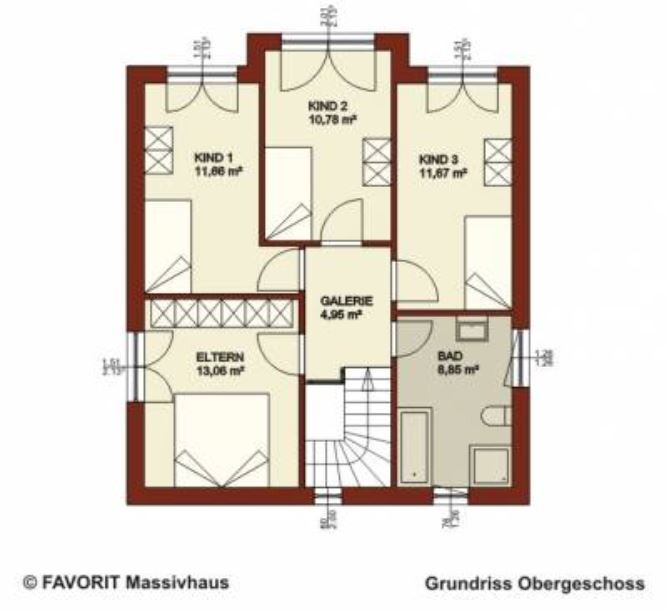 Grundriss Obergeschoss eines Hauses: Elternzimmer, drei Kinderzimmer, Galerie und Bad.