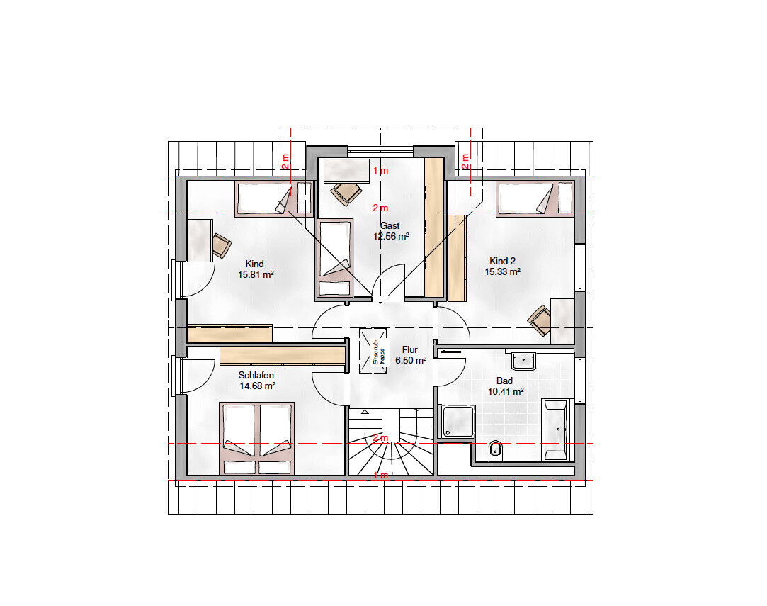 2D-Grundriss-Obergeschoss eines Wohnhauses mit Schlafzimmern, Bad, Flur und Gastzimmer