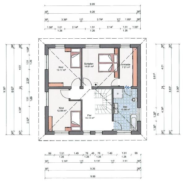 Grundriss eines Stockwerks: zwei Kinderzimmer, Schlafzimmer mit Ankleide, Bad, Flur, Treppe.