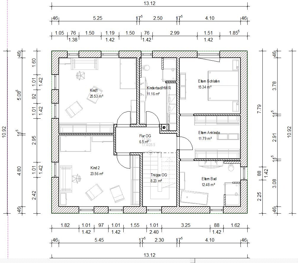 Grundriss OG: Flur, Treppe, Elternschlafzimmer, Ankleide, 2 Kinderzimmer, Bad.