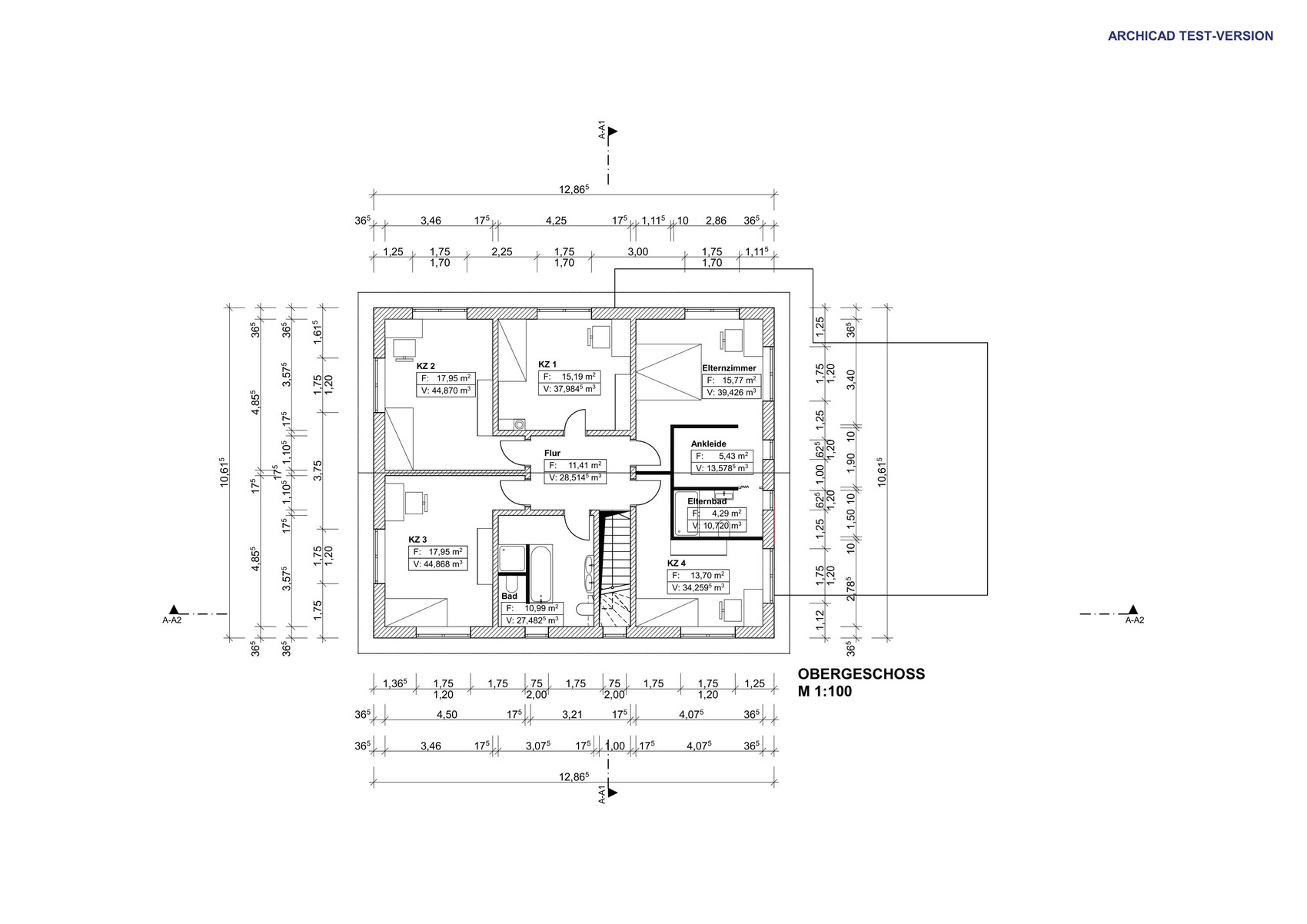 Grundriss Obergeschoss: Flur, Kinderzimmer 1–4, Elternzimmer, Ankleide, Bad, Treppenhaus.
