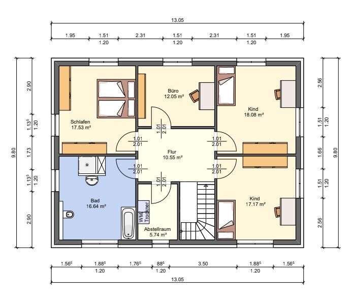 Grundriss eines Hauses: Schlafzimmer, Bad, Flur, Büro, zwei Kinderzimmer, Abstellraum, Treppenhaus.