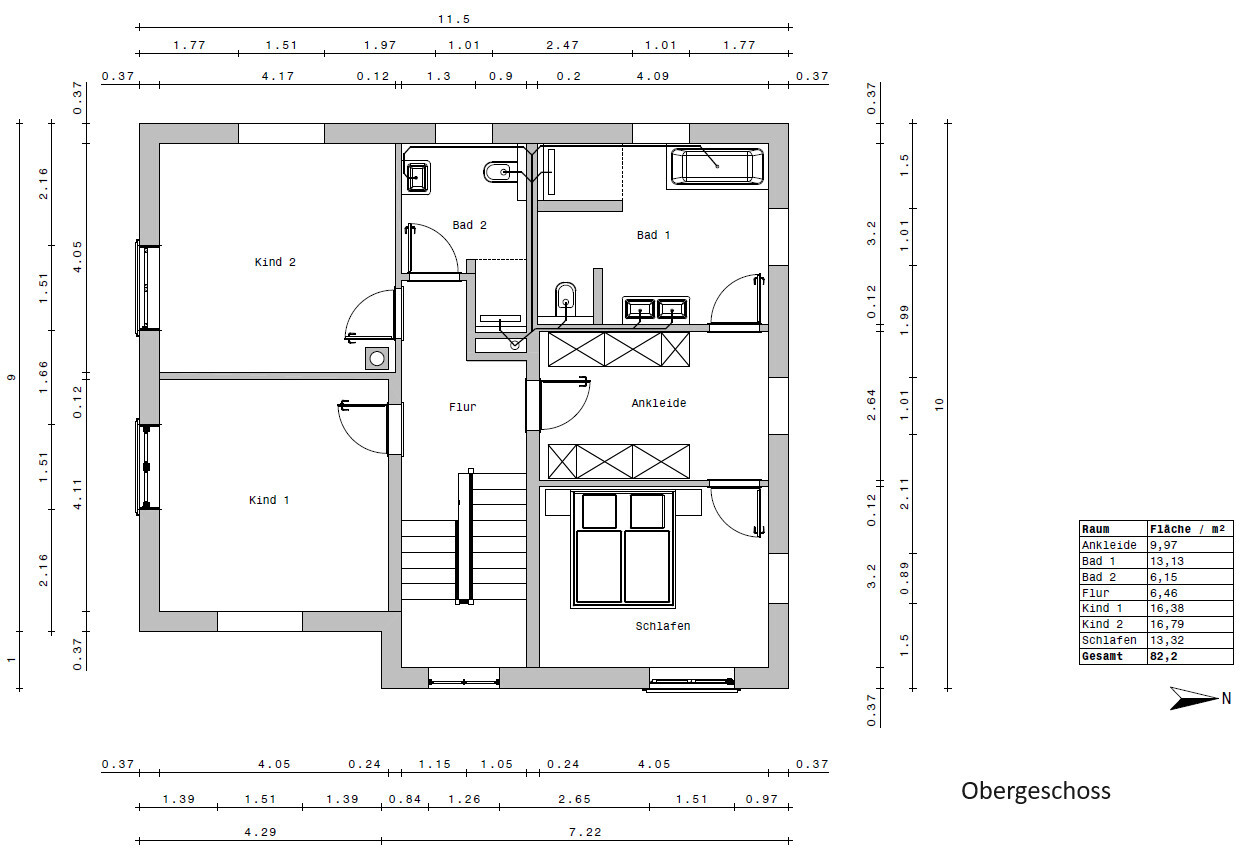 Grundriss des Obergeschosses: Schlafen, Ankleide, Flur, Bad 1, Bad 2, zwei Kinderzimmer.