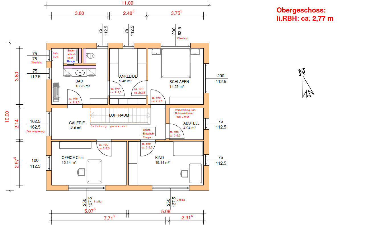 Grundriss Obergeschoss eines Hauses: Schlafzimmer, Bad, Ankleide, Galerie, Büro, Kind, Abstellraum.