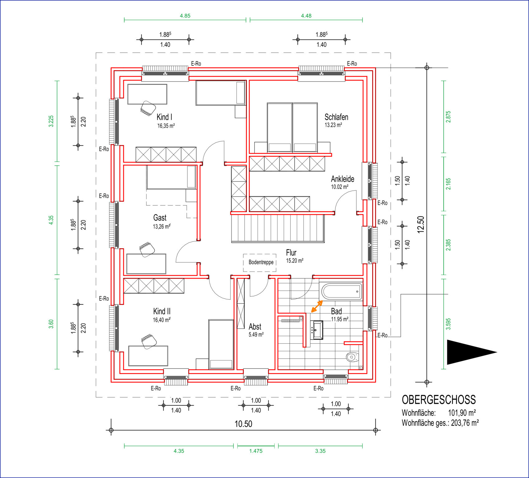 Grundriss Obergeschoss mit Schlafzimmer, Kind I und II, Bad, Flur und Treppen