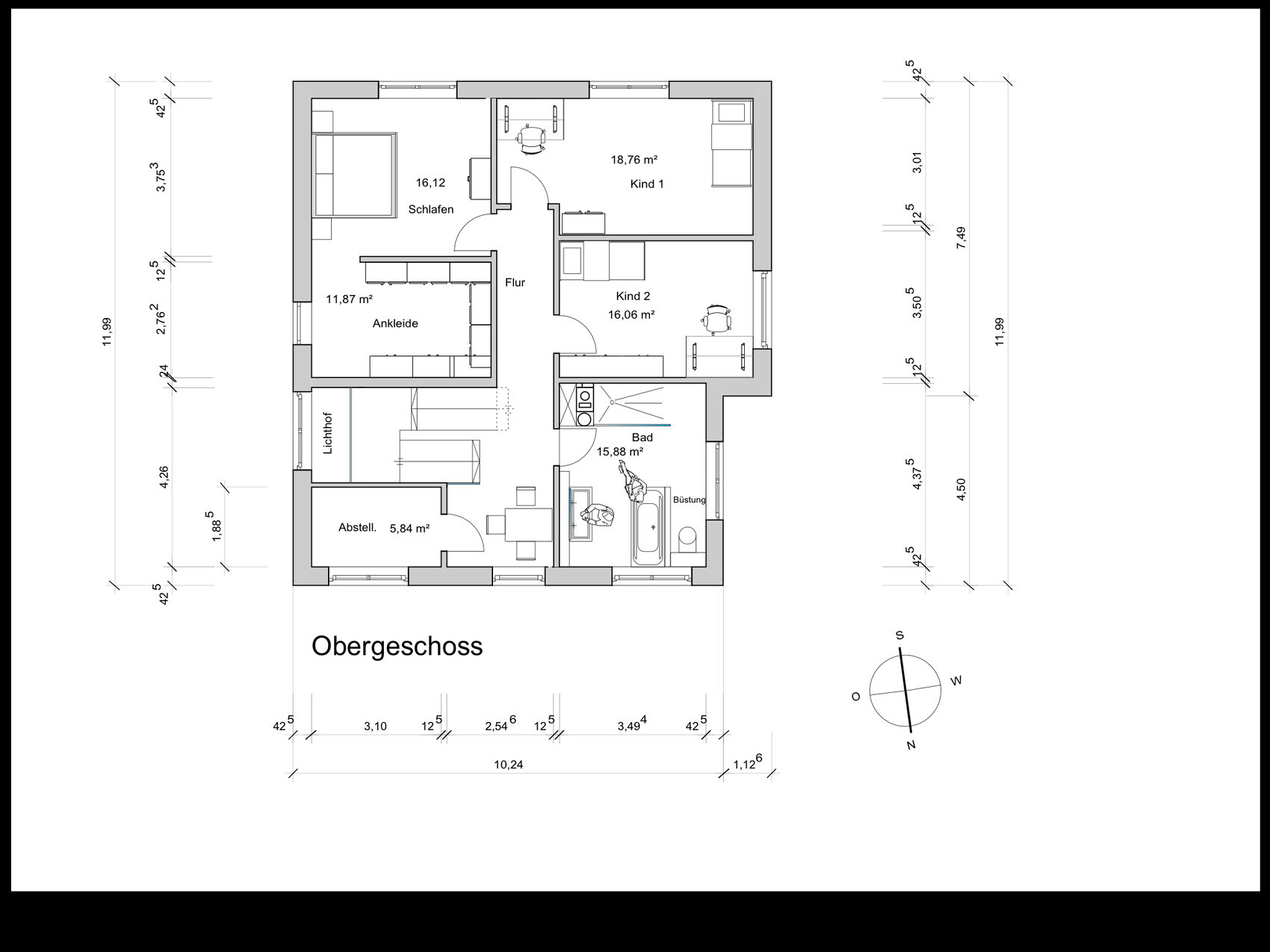 Grundriss Obergeschoss: Schlafzimmer, Ankleide, Flur, 2 Kinderzimmer, Bad, Abstellraum, Lichthof