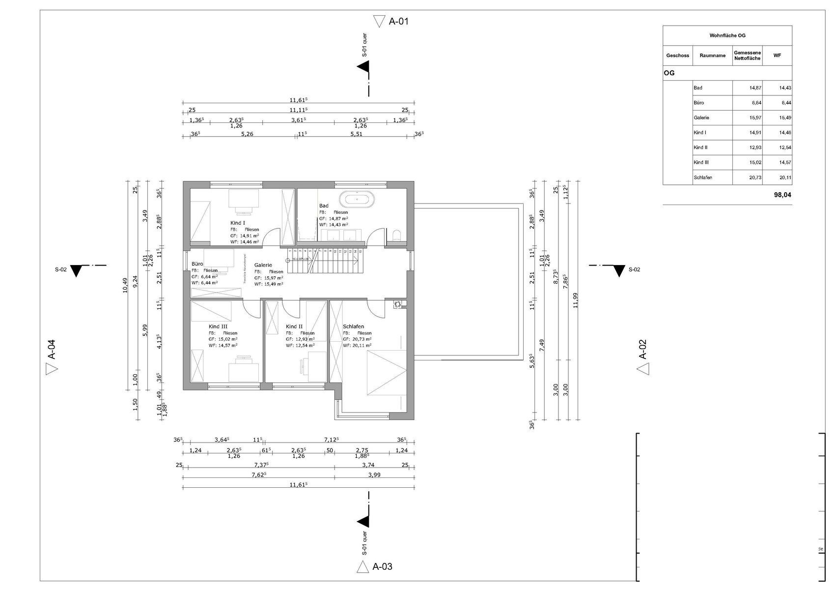 Grundriss der oberen Etage: Bad, Büro, Galerie, Schlafen, Kind I-III, Treppe.