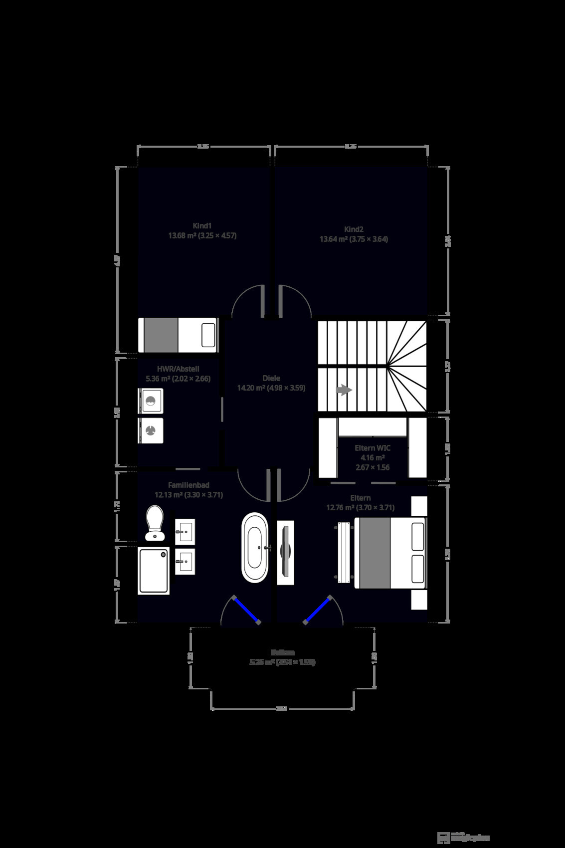 Obergeschoss-Grundriss: zwei Kinderzimmer, Elternzimmer, Familienbad, Diele, Treppen, Balkon