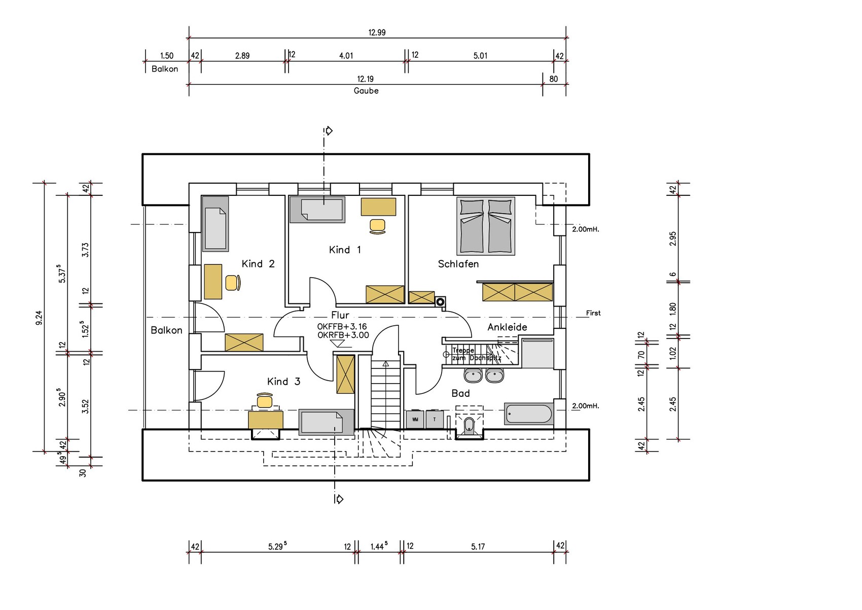 Grundriss eines Dachgeschosses: Schlafzimmer, 3 Kinderzimmer, Ankleide, Bad, Balkon, Flur.