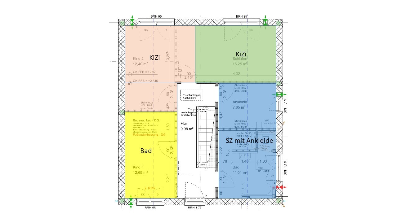 Grundriss eines Hauses mit zwei Kinderzimmern, Schlafzimmer, Ankleide, Bad und Flur.