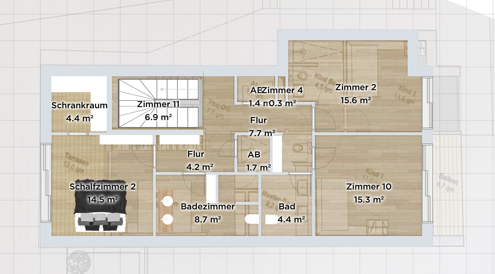 Grundriss eines Stockwerks mit Zimmern, Fluren, Bad, AB, Schrankraum, Balkon.
